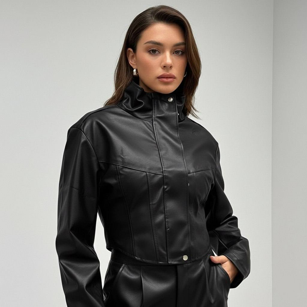 High-waisted leather jacket