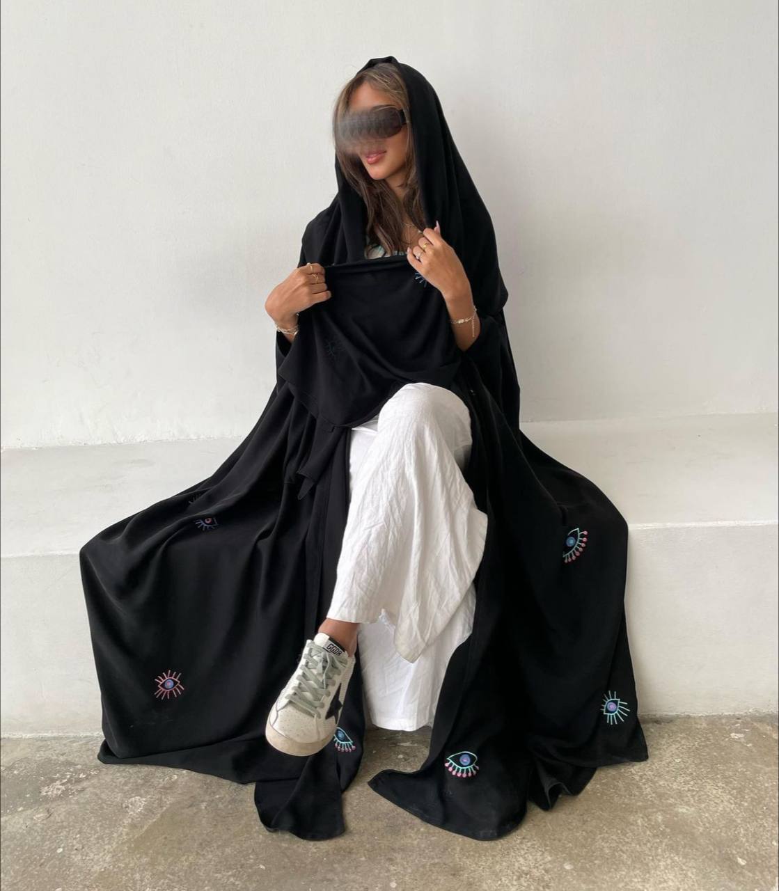Black Caftan with Eye-Shaped Embroidery